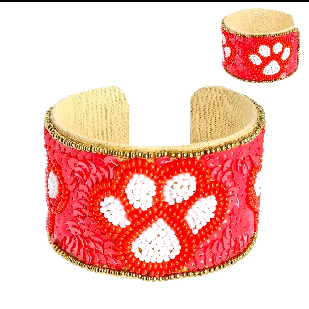 Game Day Red White Beaded Paw Pattern Snap Wrist Cuff Bracelet